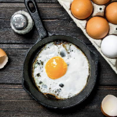 Free range egg over easy in a cast iron pan