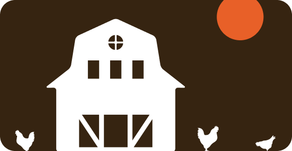 Illustration of a farm house with sun and chickens