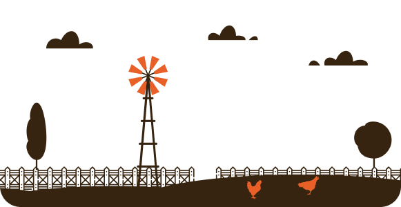 Illustration of a pasture with windmill and chickens